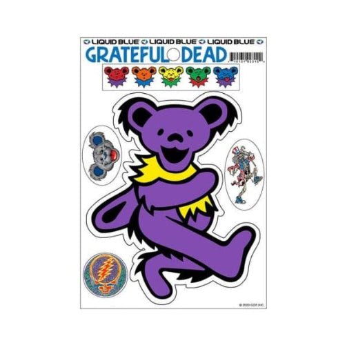 Set of Grateful Dead-themed stickers featuring a purple bear and other graphics on a white background.