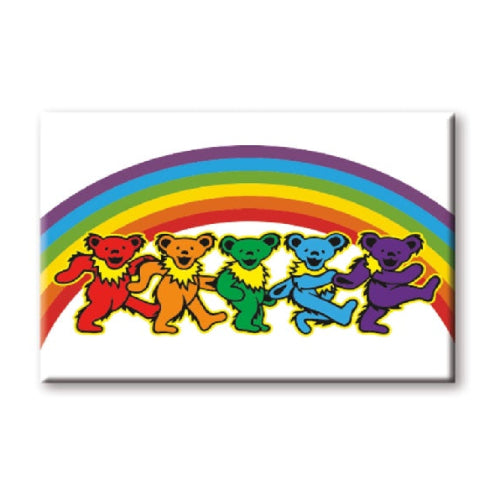Five colorful bears dancing under a rainbow on a white background