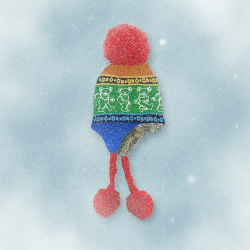 Colorful knitted hat with pom-poms on a snowy background