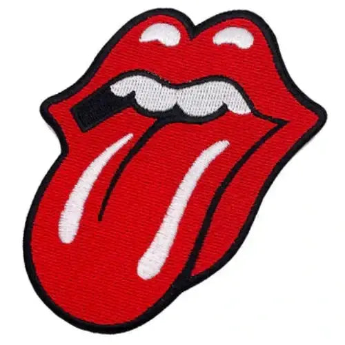 Red tongue and lips logo patch with white highlights and black outline.