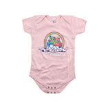 Pink baby onesie with a colorful graphic of three bears and a rainbow on a white background