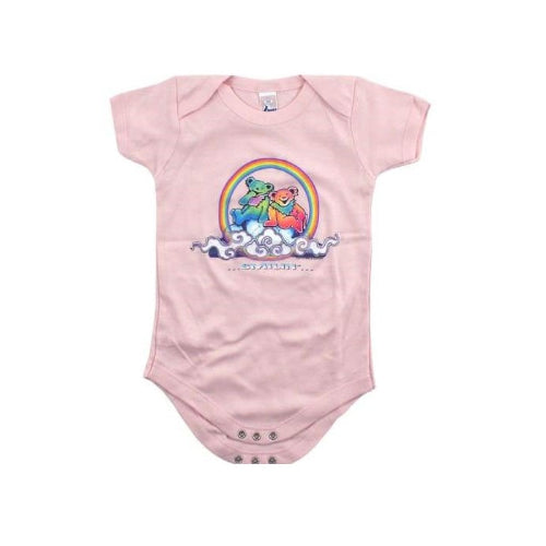 Pink baby onesie with a colorful graphic of three bears and a rainbow on a white background