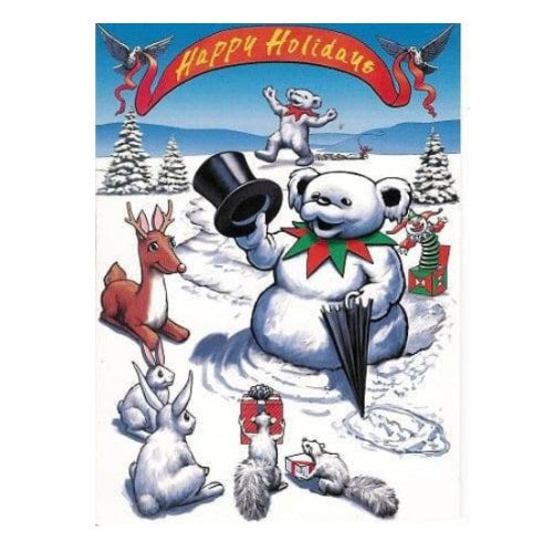 Cartoon snowman with festive animals and 'Happy Holidays' banner in a snowy landscape.