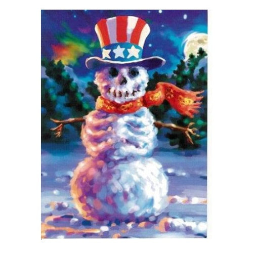 Colorful snowman with an American flag hat against a night sky with stars and moon.