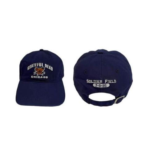 Two navy blue baseball caps with embroidered text on a white background