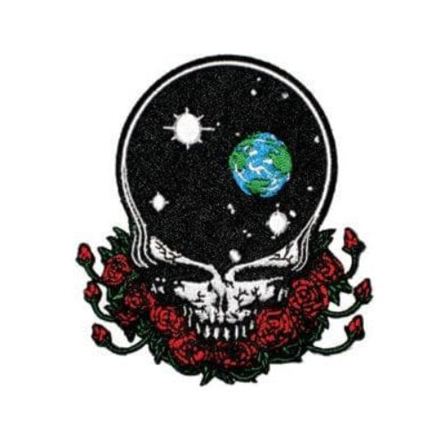 Skull with roses and space-themed design on a white background