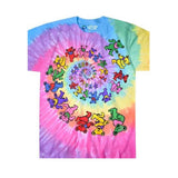 Colorful tie-dye t-shirt with Grateful Dead bear designs on a white background