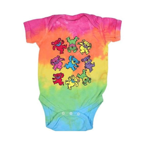 Colorful tie-dye baby onesie with Grateful Dead bear designs on a white background