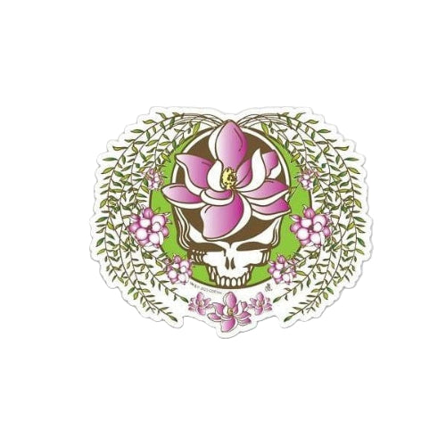 Sticker with skull and pink flower design surrounded by green leaves and flowers on a white background