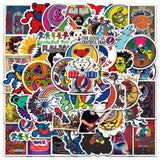 Collection of colorful Grateful Dead-themed stickers on a white background