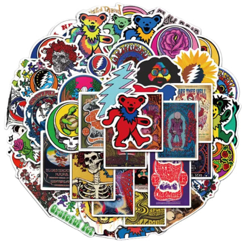 Collection of colorful stickers featuring various designs on a white background