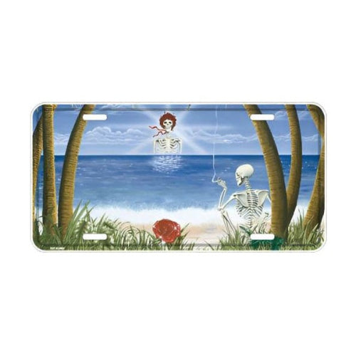 License plate with a tropical design featuring a skeleton, rose, and palm trees.