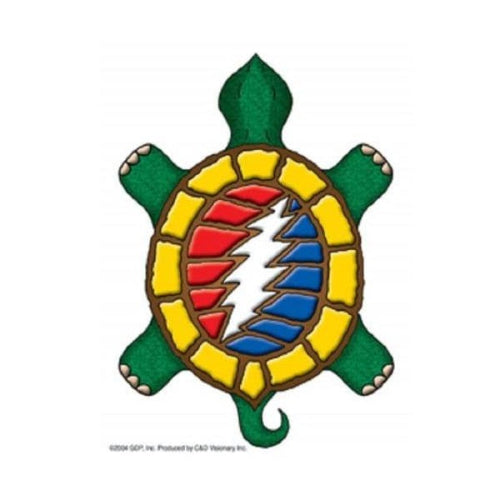 Colorful turtle design with a lightning bolt in the center on a white background