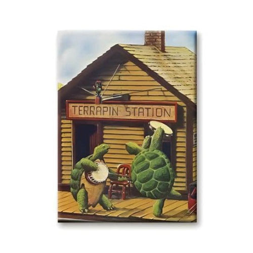 Fridge magnet with illustration of two turtles playing music in front of a building named 'Terrapin Station'.