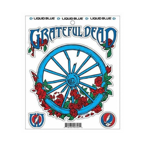 Grateful Dead logo with blue wagon wheel and red roses on a white background