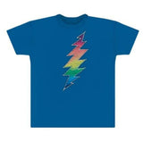 Blue t-shirt with a colorful lightning bolt design on a white background