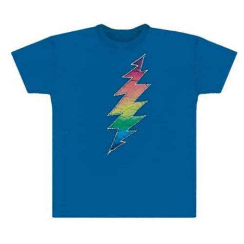 Blue t-shirt with a colorful lightning bolt design on a white background
