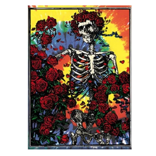 Skeletal figure with red roses against a colorful abstract background