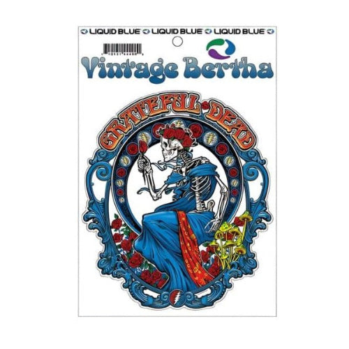 Sticker of a skeleton in a blue dress with 'Grateful Dead' text, on a white background with 'Liquid Blue' branding.