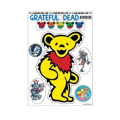 Packaging of Grateful Dead stickers featuring a yellow bear with a red scarf on a white background.