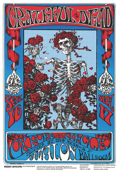 Grateful Dead - Salón de baile Avalon Skeleton and Roses Póster